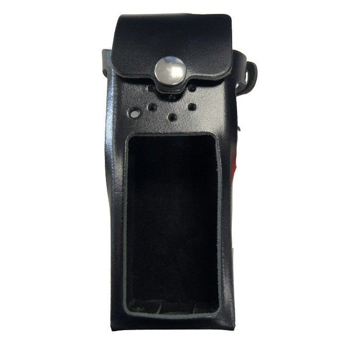 Klick Fast case specifically for Motorola DP4801e radio SKU RDP4801EXP2LFISKFNOD — Black leather radio holster with a silver popper
